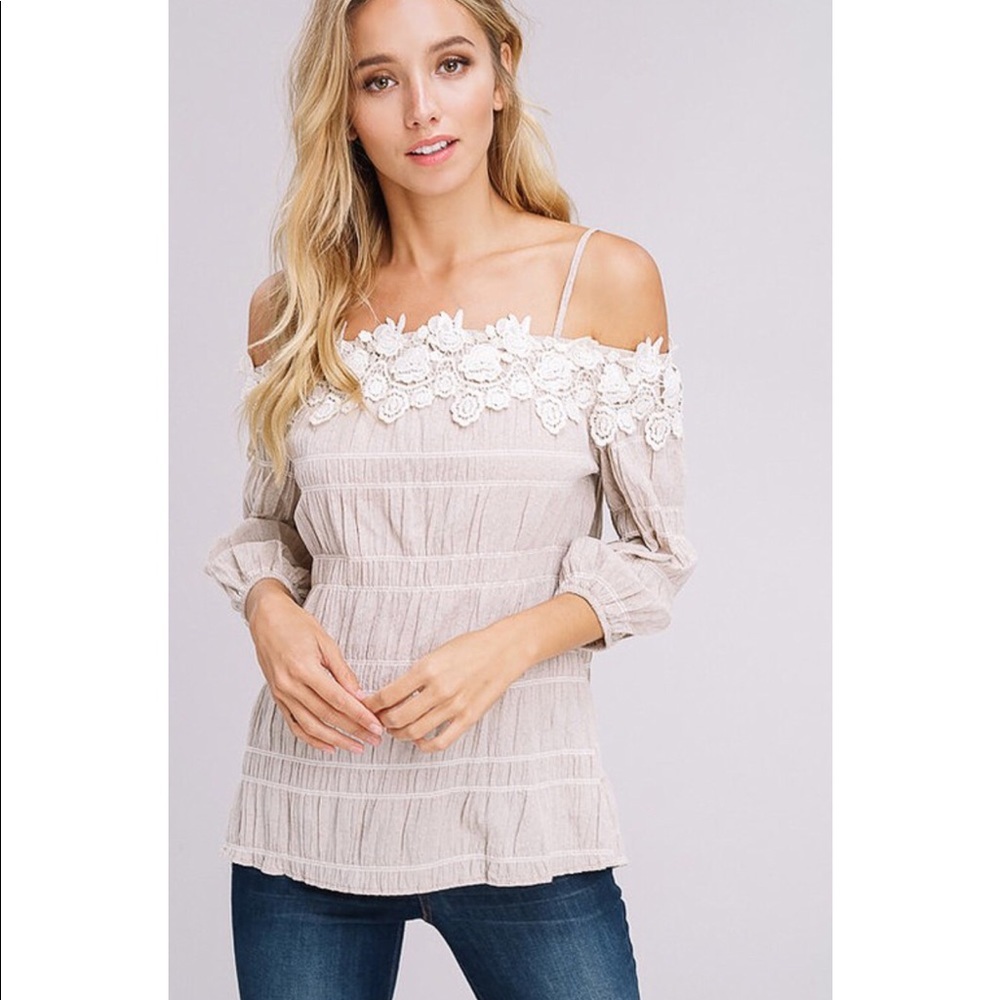 Shirred Lace Applique Off Shoulder Top